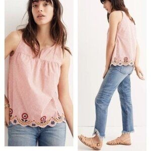 Madewell Red White Gingham Embroidered Scallop Hem Picnic Sleeveless XS Tank Top